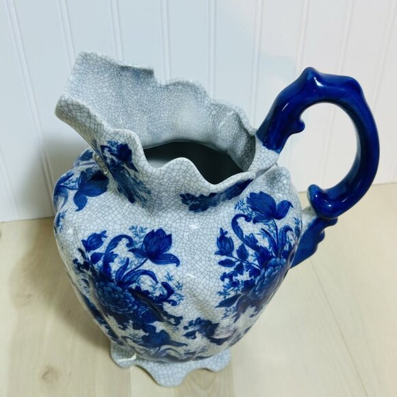 Bombay Company Vintage Blue & White Floral Crackle Pitcher Ceramic Pottery Home - Picture 2 of 16